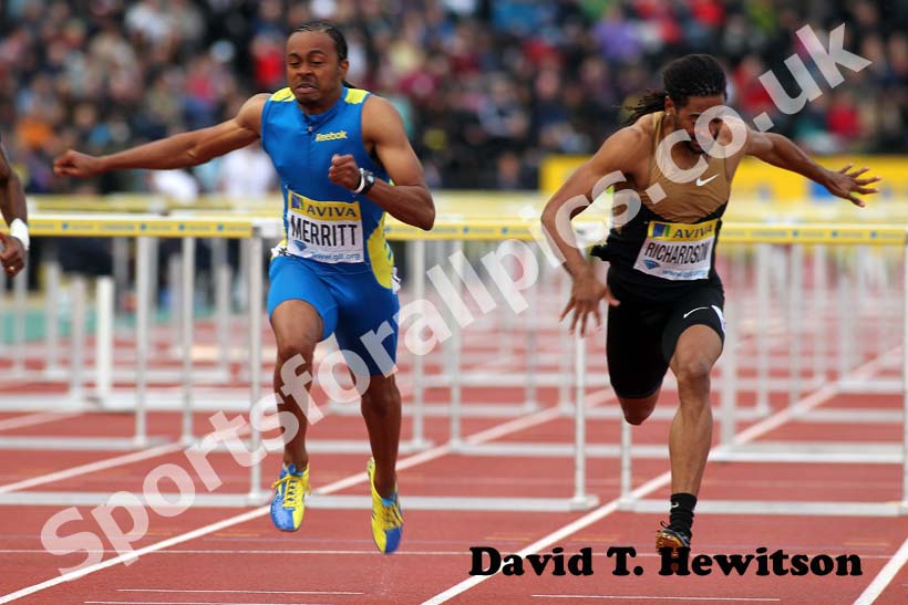 Aries Merritt wins the 110 metres hurdles rom Jason Richardson, 2012 Samsung Diamond League, Crystal Palace, London.